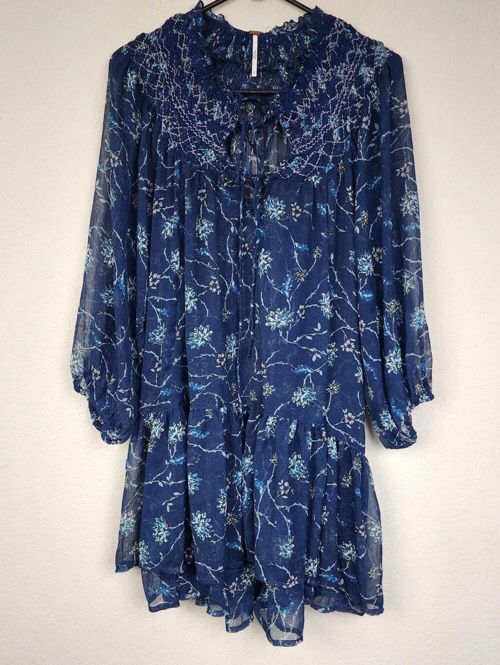 Free People Blue Floral Sheer Small Long Sleeve Dress